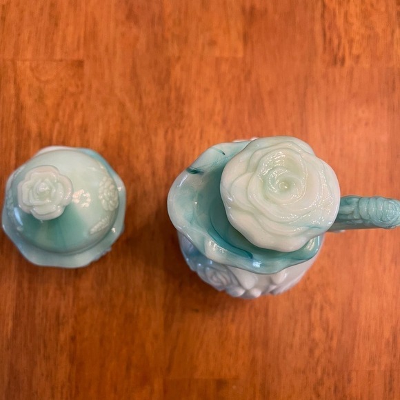 Vintage Jadeite Avon Moonwinf Perfume Bubble Bath Bottle & Powder Sachet Set - Picture 4 of 5